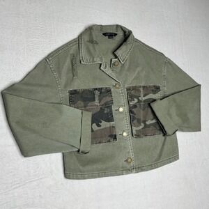 Charlie G Womens Olive Green Distressed Camo Pocket Denim Jacket XS